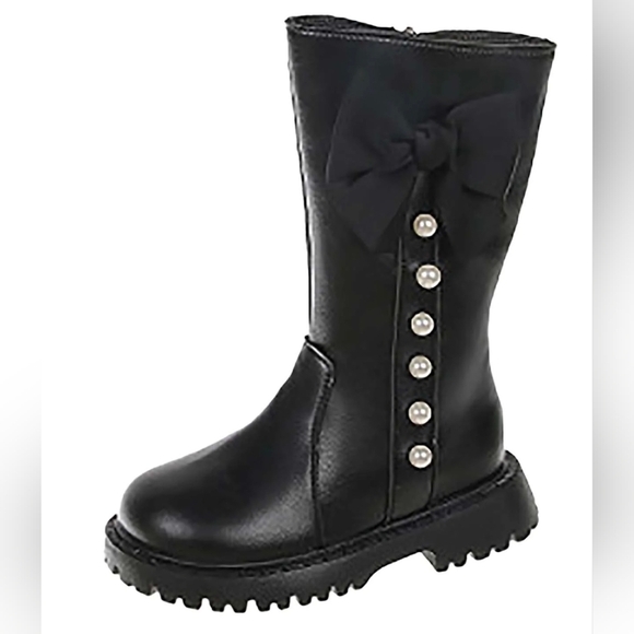 NWOT Girls' Black Boots with Bow and Pearl Detail, Size 32 (US 13) - Picture 2 of 11